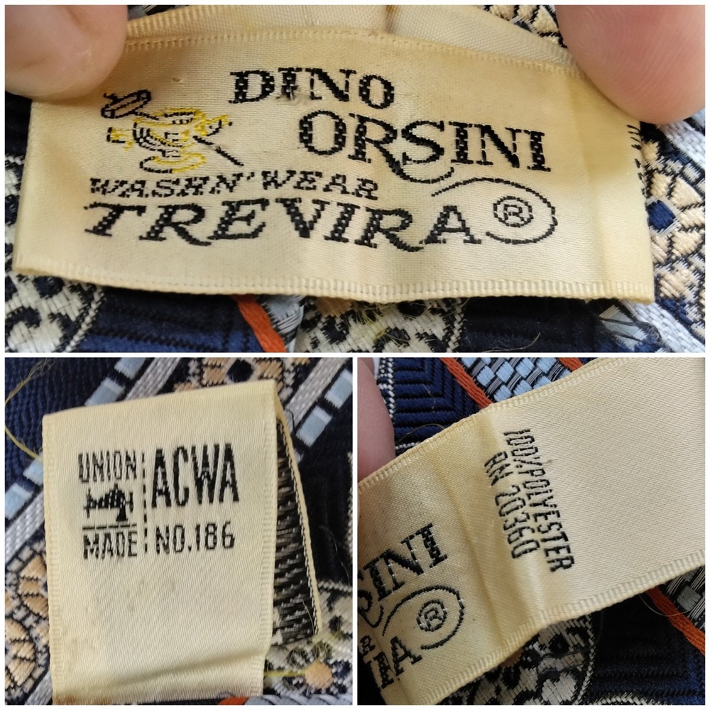 Vintage Dino Orsini Tie Medallion Stripe Navy Gold Trevira Polyester 70s ACWA - Picture 3 of 6